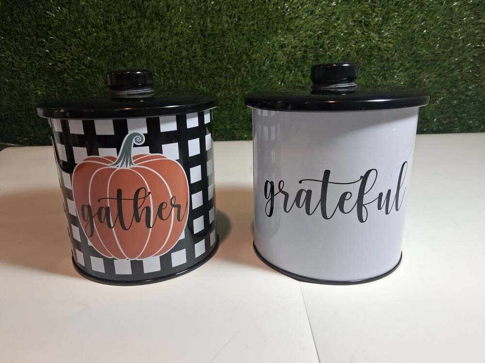 Set of 2 Old East Main Co Fall Tin Canisters Grateful Gather Pumpkin Decor 5"